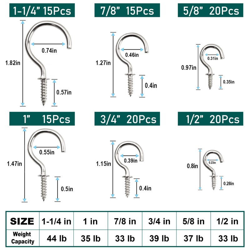 EIENHOSHI 105 Pcs Screw Hooks  6 Sizes Silver Cup Hooks  Screw Hooks for Hanging  Metal Cup Hooks Screw in (1/2""  5/8""  3/4""  7/8""  1''  1-1/4"") - Image 2